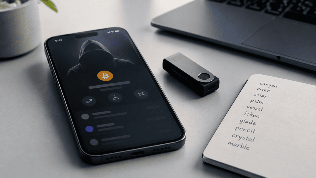 Teléfono y hardware wallet sobre un escritorio, asociados a la seguridad de Bitcoin.