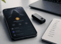 Teléfono y hardware wallet sobre un escritorio, asociados a la seguridad de Bitcoin.