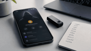 Teléfono y hardware wallet sobre un escritorio, asociados a la seguridad de Bitcoin.