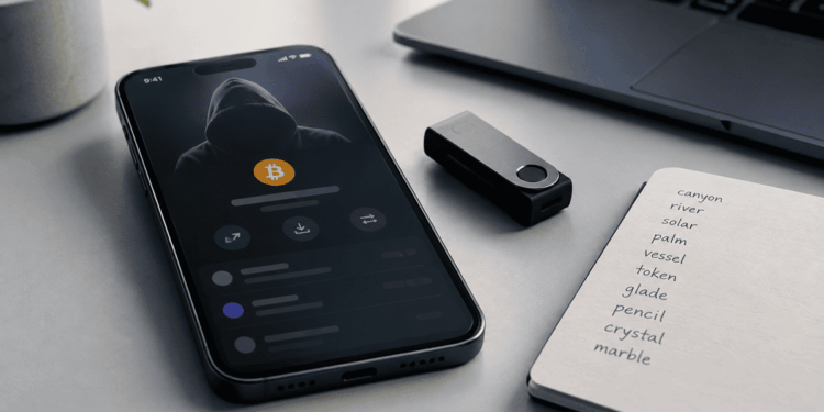 Teléfono y hardware wallet sobre un escritorio, asociados a la seguridad de Bitcoin.