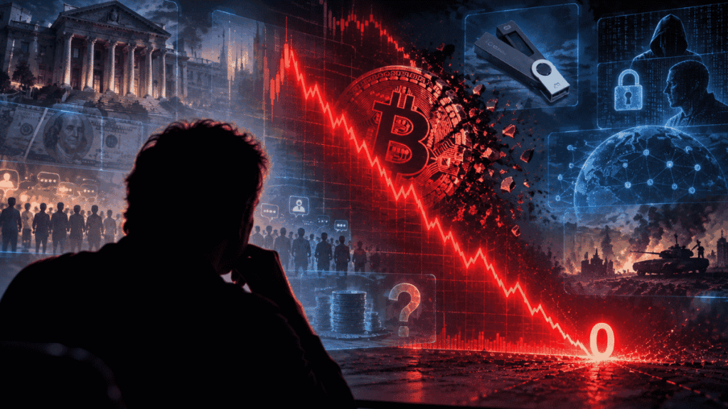 Imagen que muestra una persona pensando y un gráfico de bitcoin yendo a cero.