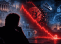 Imagen que muestra una persona pensando y un gráfico de bitcoin yendo a cero.