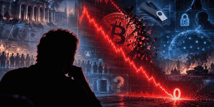 Imagen que muestra una persona pensando y un gráfico de bitcoin yendo a cero.
