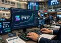 Un operador de bolsa en la Bolsa de Hong Kong (HKEX) con pantallas que muestran el listado de solana ETF.