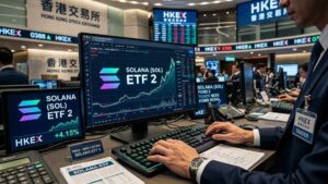 Un operador de bolsa en la Bolsa de Hong Kong (HKEX) con pantallas que muestran el listado de solana ETF.
