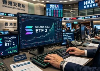 Un operador de bolsa en la Bolsa de Hong Kong (HKEX) con pantallas que muestran el listado de solana ETF.