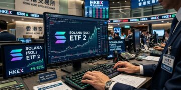Un operador de bolsa en la Bolsa de Hong Kong (HKEX) con pantallas que muestran el listado de solana ETF.