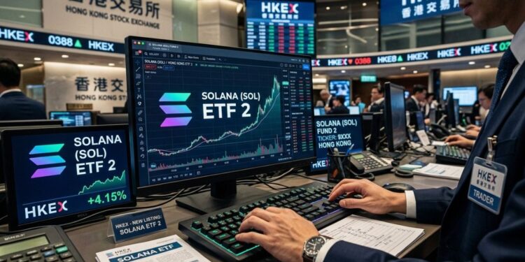 Un operador de bolsa en la Bolsa de Hong Kong (HKEX) con pantallas que muestran el listado de solana ETF.