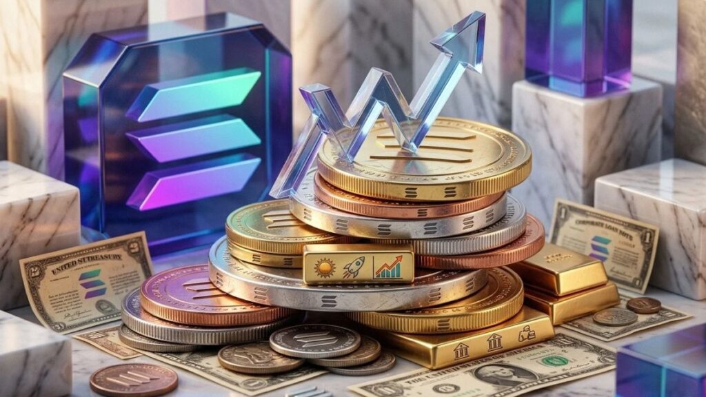 ilustra el crecimiento de RWA en Solana con el logo de cristal de Solana, lingotes de oro, billetes y un gráfico ascendente.