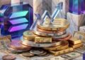 ilustra el crecimiento de RWA en Solana con el logo de cristal de Solana, lingotes de oro, billetes y un gráfico ascendente.