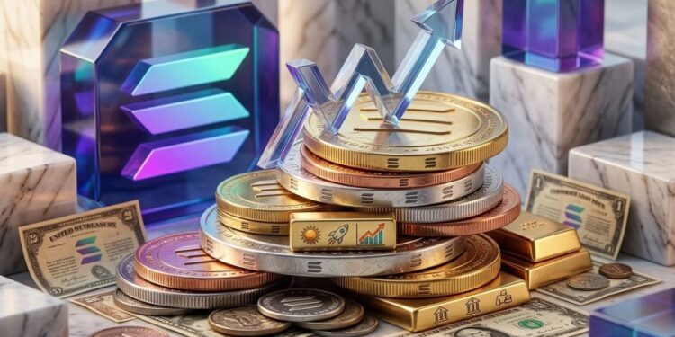 ilustra el crecimiento de RWA en Solana con el logo de cristal de Solana, lingotes de oro, billetes y un gráfico ascendente.