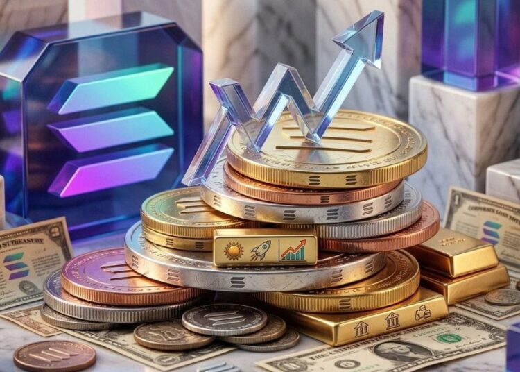 ilustra el crecimiento de RWA en Solana con el logo de cristal de Solana, lingotes de oro, billetes y un gráfico ascendente.