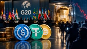monedas de USDC, USDT frente a una cumbre del G20 y una bóveda bancaria.