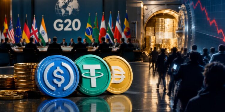 monedas de USDC, USDT frente a una cumbre del G20 y una bóveda bancaria.