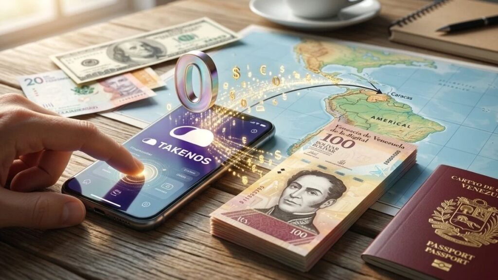Mano interactuando con un smartphone que transfiere dinero digitalmente hacia billetes de bolívares y un mapa de Venezuela, con un símbolo flotante de cero costo.