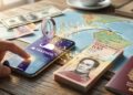Mano interactuando con un smartphone que transfiere dinero digitalmente hacia billetes de bolívares y un mapa de Venezuela, con un símbolo flotante de cero costo.