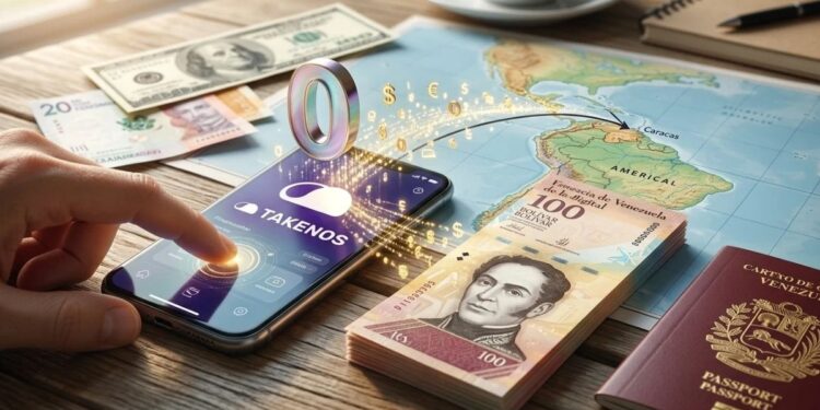 Mano interactuando con un smartphone que transfiere dinero digitalmente hacia billetes de bolívares y un mapa de Venezuela, con un símbolo flotante de cero costo.