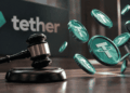 Logo de Tether, USDT saltando. Martillo del jurado.