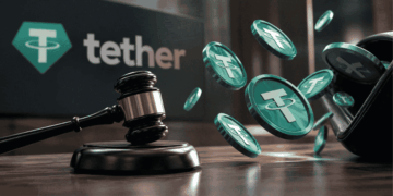 Logo de Tether, USDT saltando. Martillo del jurado.