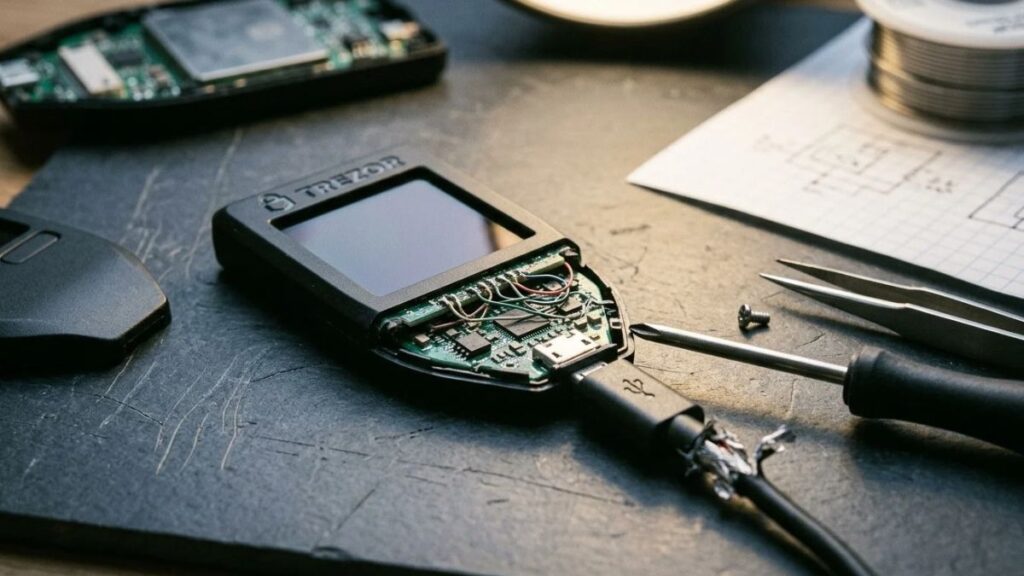 Dispositivo de hardware wallet de criptomonedas abierto y modificado con herramientas de precisión sobre una mesa de trabajo.