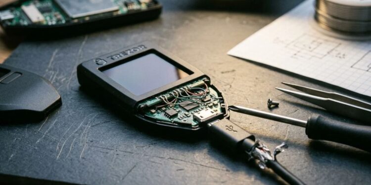 Dispositivo de hardware wallet de criptomonedas abierto y modificado con herramientas de precisión sobre una mesa de trabajo.