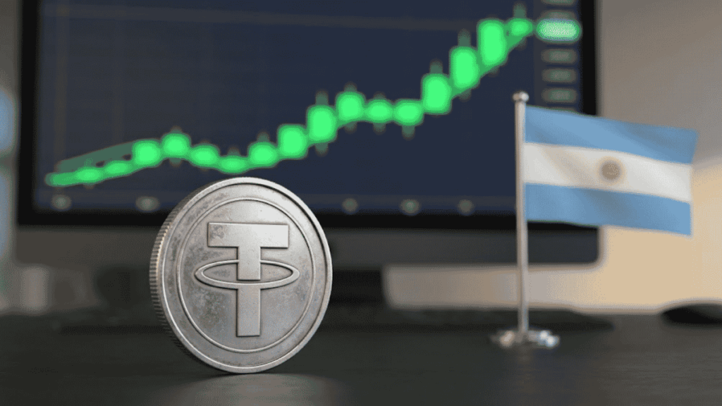 Una moneda de USDT, una bandera de Argentina y un gráfico de precio en verde subiendo.