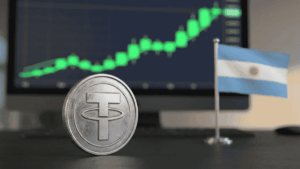 Una moneda de USDT, una bandera de Argentina y un gráfico de precio en verde subiendo.