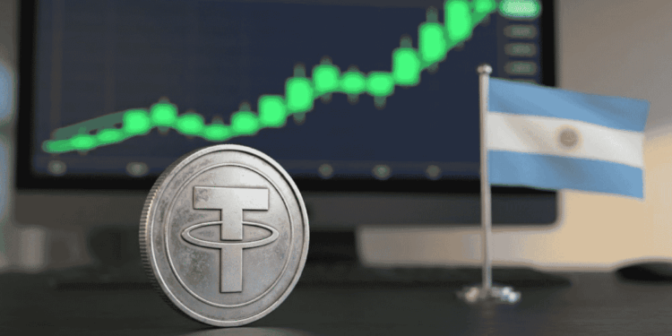Una moneda de USDT, una bandera de Argentina y un gráfico de precio en verde subiendo.