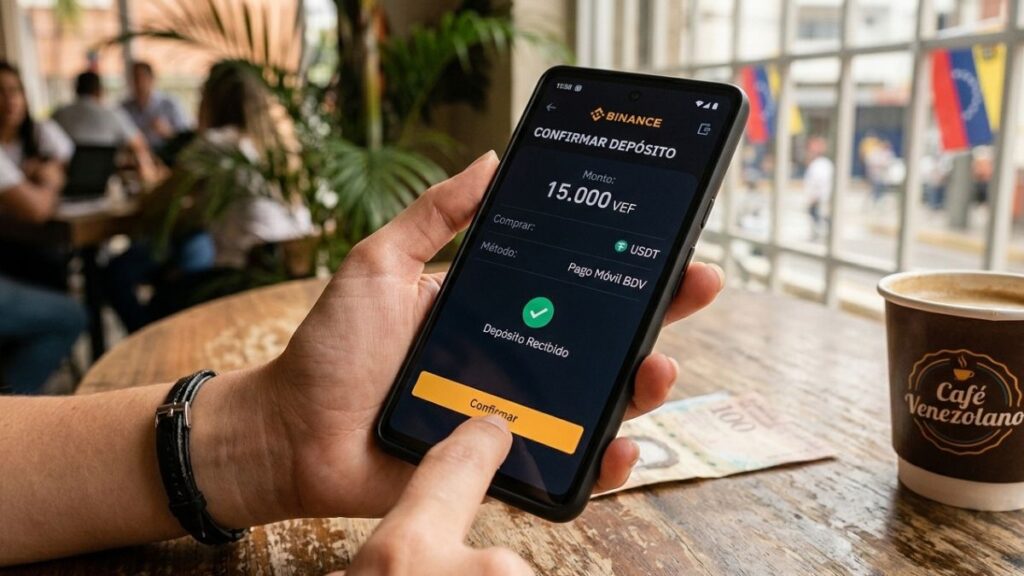 Persona confirmando un depósito de USDT en Binance mediante Pago Móvil desde un teléfono móvil.