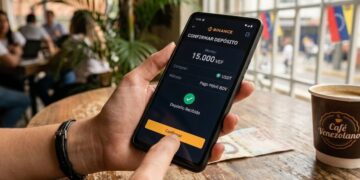Persona confirmando un depósito de USDT en Binance mediante Pago Móvil desde un teléfono móvil.