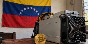 Un equipo de minería y una moneda física de bitcoin sobre una mesa.