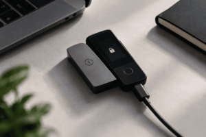 wallet de criptomoneda moderna sobre una mesa gris