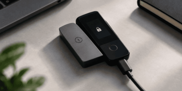 wallet de criptomoneda moderna sobre una mesa gris