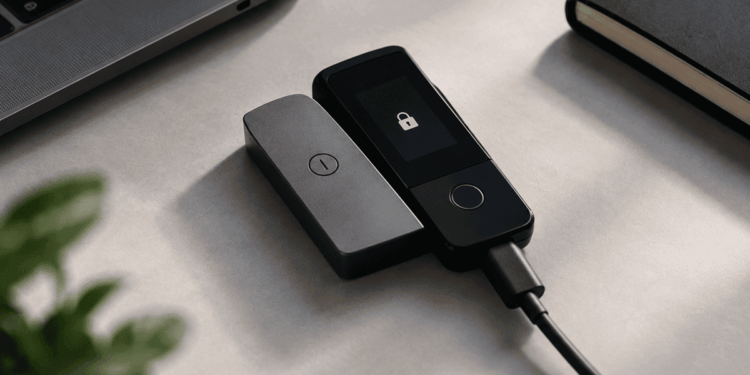 wallet de criptomoneda moderna sobre una mesa gris