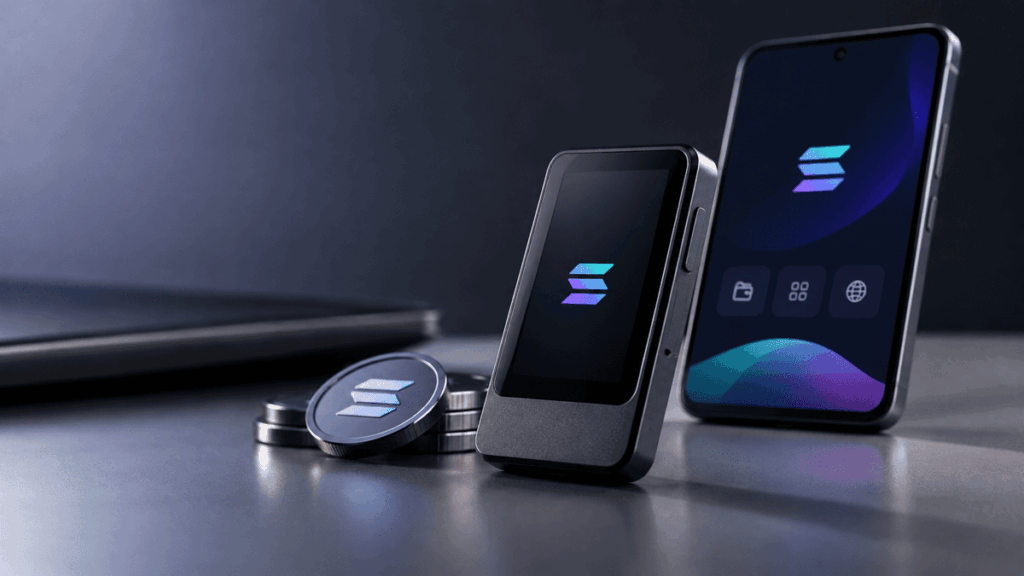 Telefonos y dispositivos sobre una mesa gris con el logo de Solana