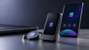 Telefonos y dispositivos sobre una mesa gris con el logo de Solana