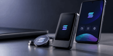 Telefonos y dispositivos sobre una mesa gris con el logo de Solana