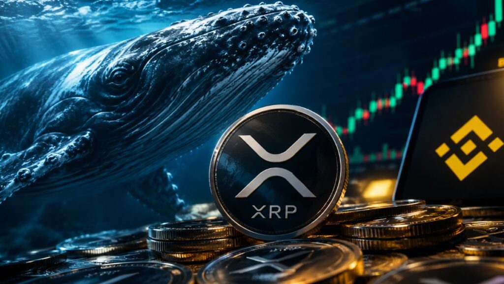 Moneda de criptomoneda XRP de Ripple junto a una ballena bajo el agua y gráficos del mercado.