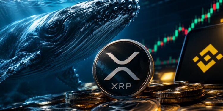 Moneda de criptomoneda XRP de Ripple junto a una ballena bajo el agua y gráficos del mercado.