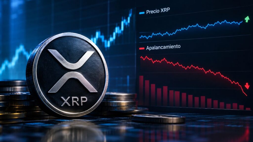 Moneda física de XRP junto a un gráfico financiero que muestra el precio en tendencia ascendente y el apalancamiento en descenso.
