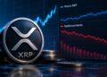 Moneda física de XRP junto a un gráfico financiero que muestra el precio en tendencia ascendente y el apalancamiento en descenso.