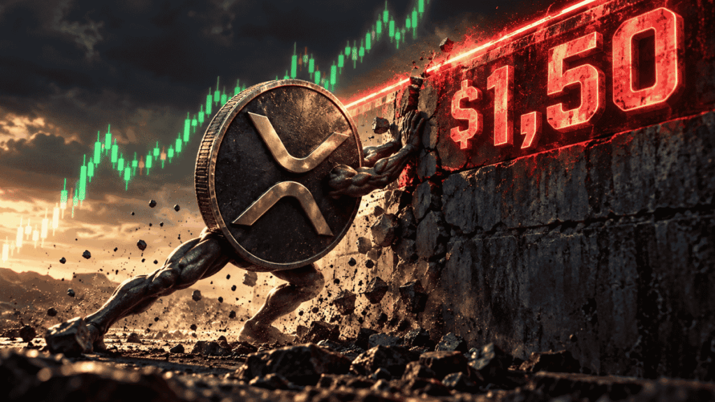 Moneda de XRP humanizada tratando de romper la barrera de 1.50 dólares.