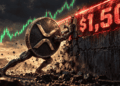 Moneda de XRP humanizada tratando de romper la barrera de 1.50 dólares.