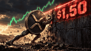 Moneda de XRP humanizada tratando de romper la barrera de 1.50 dólares.