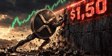 Moneda de XRP humanizada tratando de romper la barrera de 1.50 dólares.