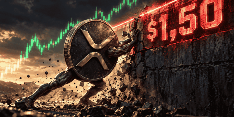 Moneda de XRP humanizada tratando de romper la barrera de 1.50 dólares.