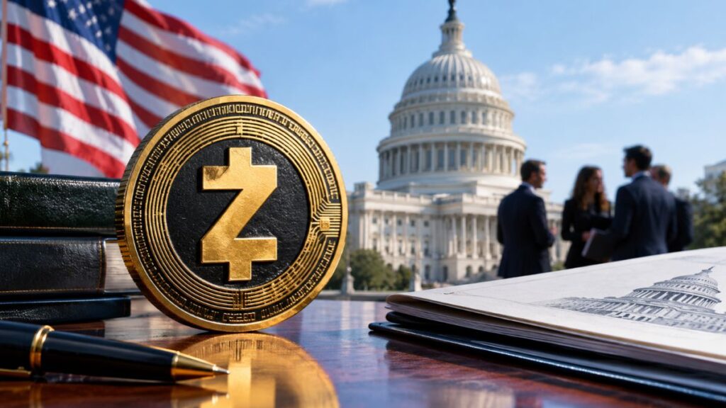 Moneda física dorada de Zcash sobre un escritorio con documentos y bolígrafo, teniendo de fondo el Capitolio de EE. UU