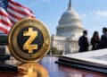 Moneda física dorada de Zcash sobre un escritorio con documentos y bolígrafo, teniendo de fondo el Capitolio de EE. UU