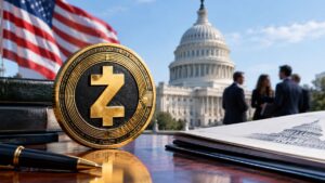 Moneda física dorada de Zcash sobre un escritorio con documentos y bolígrafo, teniendo de fondo el Capitolio de EE. UU