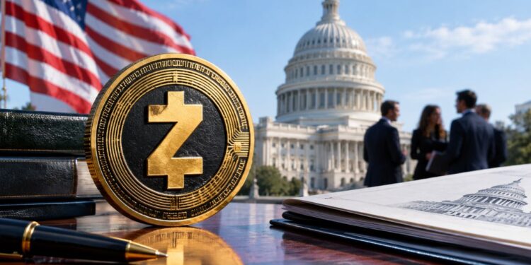 Moneda física dorada de Zcash sobre un escritorio con documentos y bolígrafo, teniendo de fondo el Capitolio de EE. UU